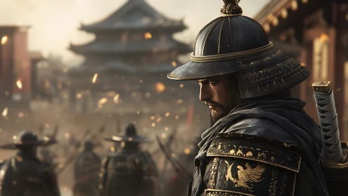 Armored samurai stands in profile amid burning courtyard