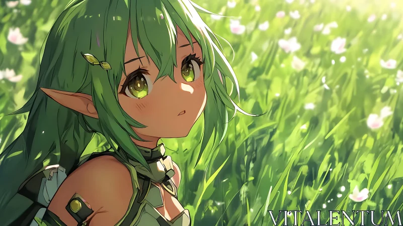 Elven girl in sunlit meadow with dreamy gaze and light.