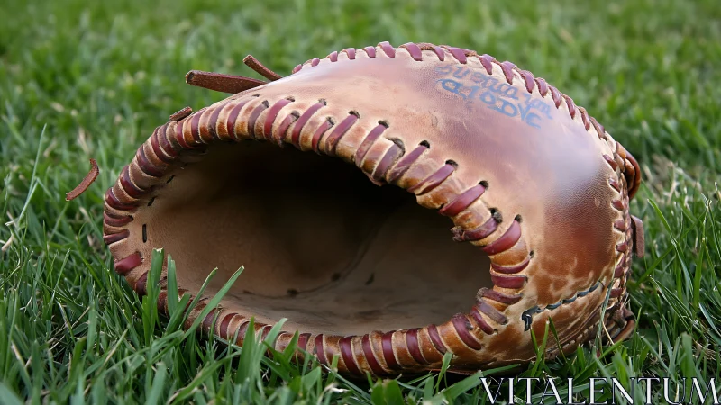 Weathered leather baseball glove resting in vivid turf.
