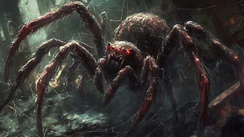 Gigantic red eyed spider stalking ruined city webbed streets.