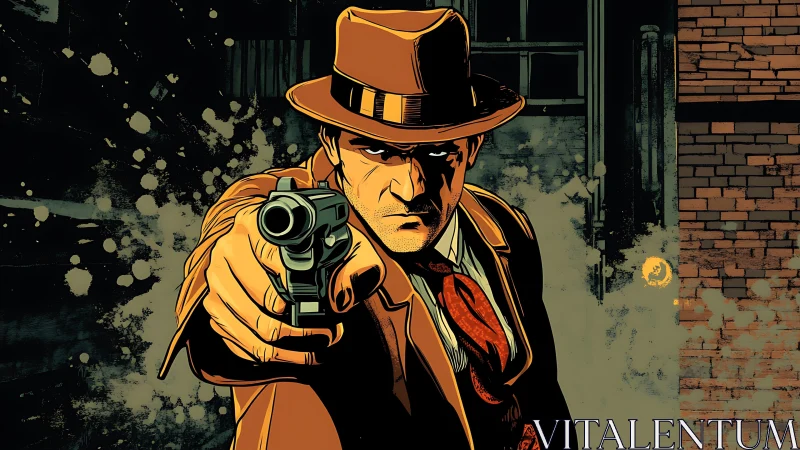 Noir gunman in mid-range closeup with dynamic foreshortening.