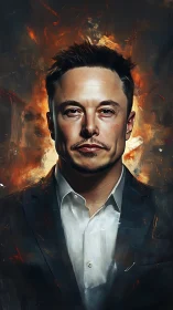 Digital oil portrait of suited man with fiery backlighting