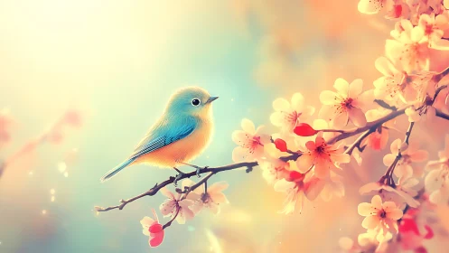 Small blue bird perched on flowering branch against soft gradient background.