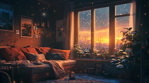 Winter sunset hygge interior with ember-lit digital ambiance.