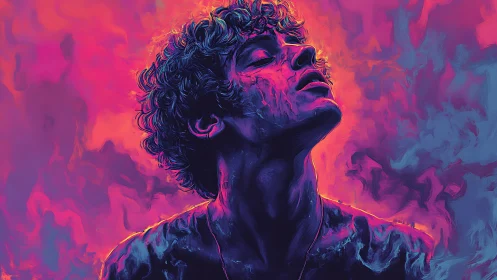 Neon lit portrait of young man in abstract color haze.