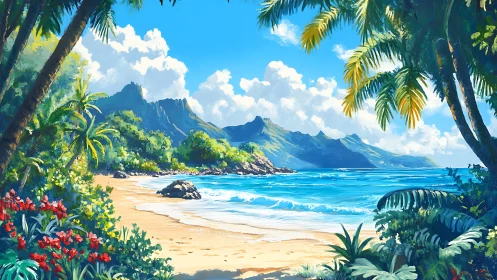 Tropical Island Beach Paradise Framed by Lush Palms and Mountains