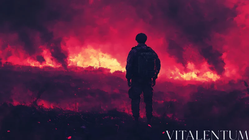 Solitary figure silhouetted against apocalyptic inferno landscape