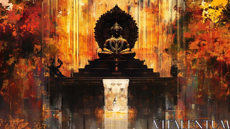 Buddha statue on tiered plinth amid abstract warm tones.