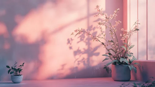Soft morning light with gentle potted blossoms by window.