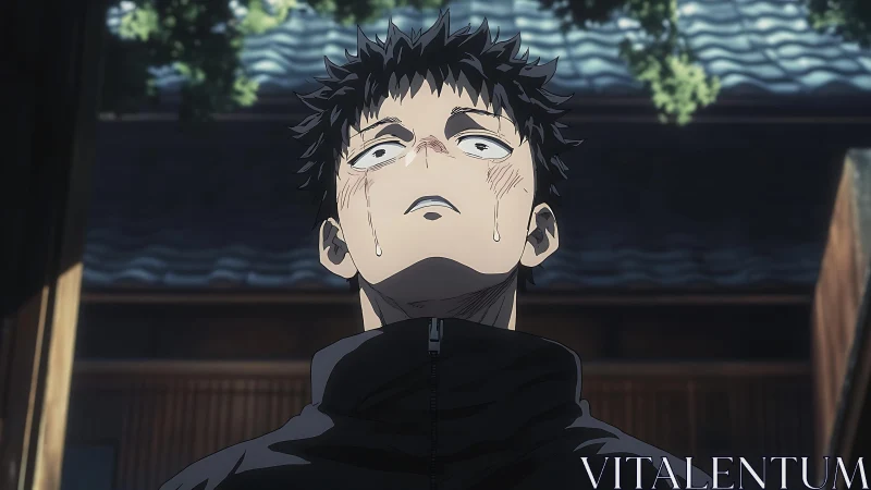 Tearful anime boy looks upward, caught in a raw quiet moment