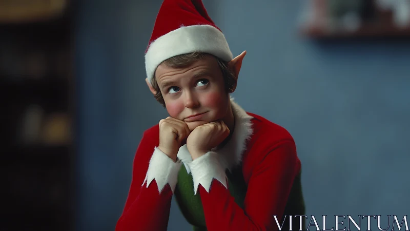 Pensive Christmas elf child in red costume portrait.
