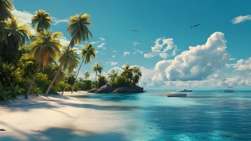 Tropical coastal scene with palm trees and anchored vessels.