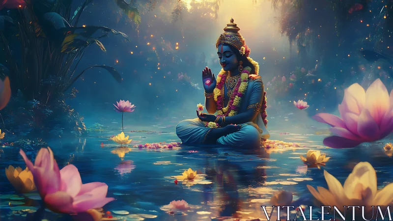 Divine blue deity in lotus pond, cinematic digital painting.