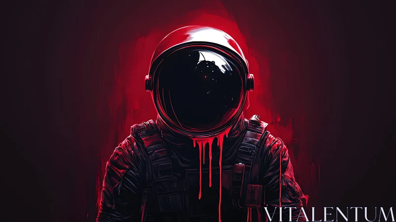 Crimson-lit astronaut silhouette with dripping reflective visor.