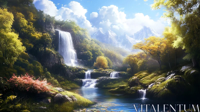 Cascade of daydream waterfalls in a luminous valley grove.