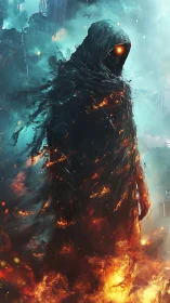 Cloaked infernal wraith in burning fog amid ruined cityscape