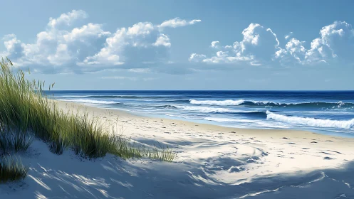 Sunlit dune beach with rolling waves under blue sky.