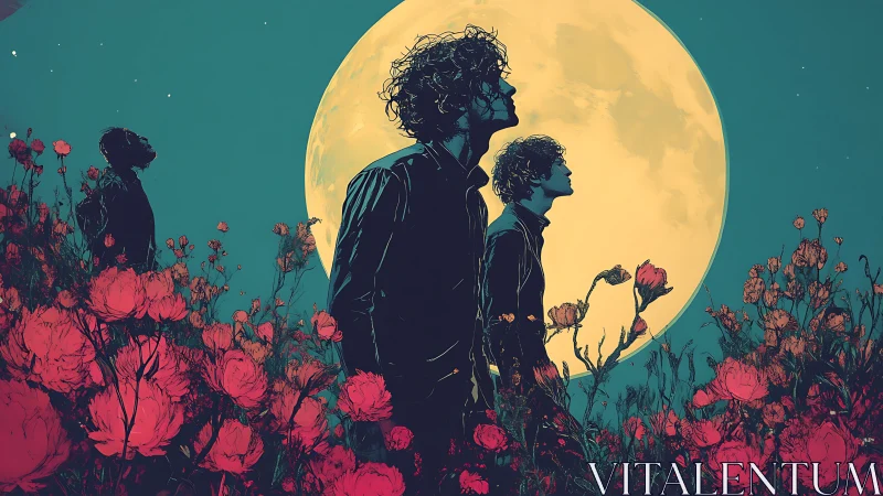 Moonlit wanderers emerging through crimson wildflower field.