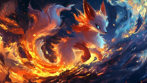 Fire spirit fox dancing through swirling twilight flames.