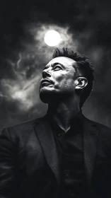 Lunar backlit portrait under high contrast monochrome sky.