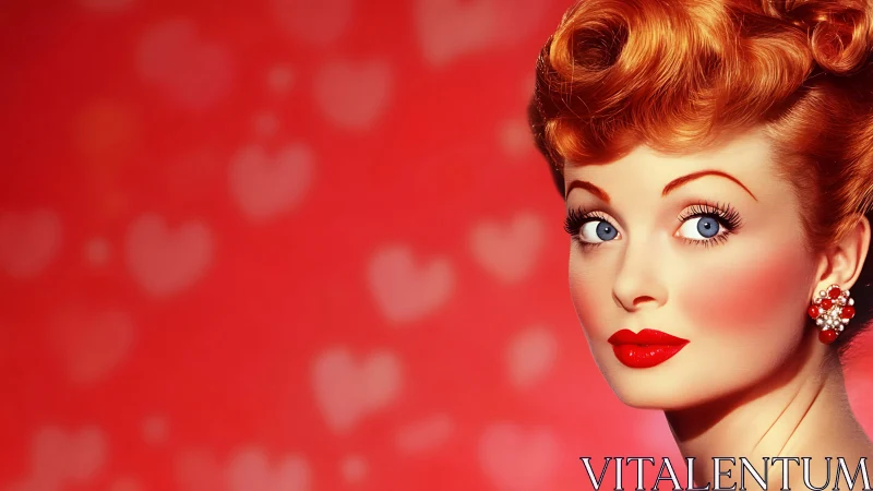 Cherry-lipped retro muse against a daydream of rosy hearts.