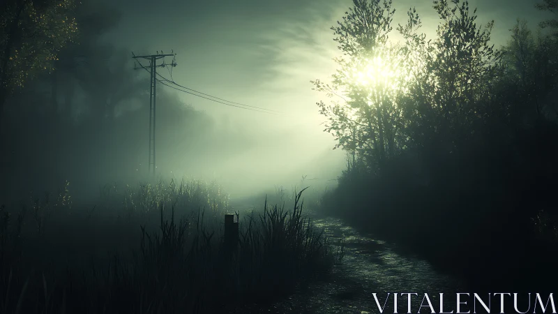 Misty Forest Road With Power Lines At Sunrise
