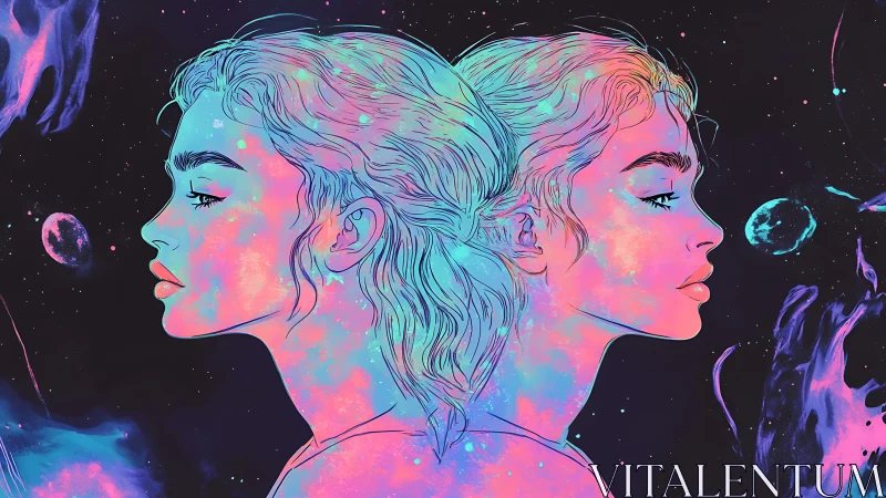 Cosmic twin portraits glowing with dreamy neon starlight.
