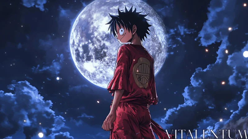 Moonlit anime wanderer in red robes beneath luminous sky.