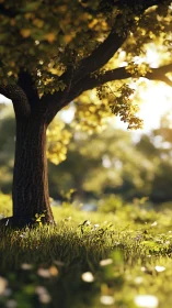 Sunlit tree sanctuary with golden grass and quiet warmth.