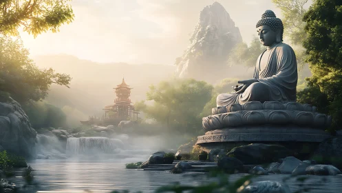 Large seated Buddha statue overlooks river and distant pavilion