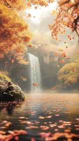 Autumnal cascade with drifting foliage and specular-water surface.