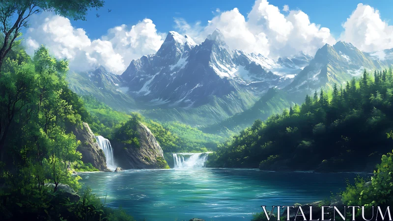 Mountain lake with waterfalls and coniferous forest landscape.