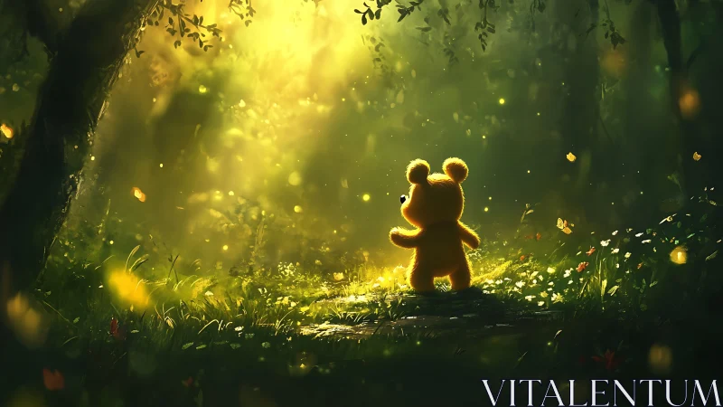 Golden teddy bear stands in glowing forest clearing at dawn