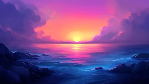 Chromatic ocean horizon under volumetric sunset illumination.