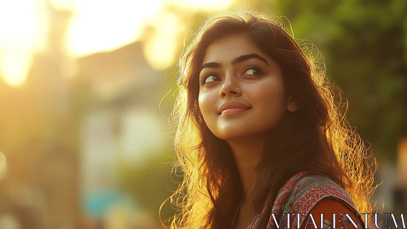 Sunlit portrait of young woman in warm golden backlight.