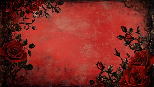 Red Roses on Distressed Crimson Background Floral Frame