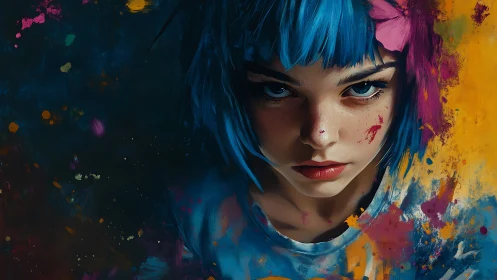 Young person with blue hair amid abstract paint field.