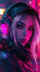 Neon-clad cyber girl listens under glowing city lights.