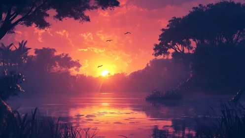 Digital painting sunset over tranquil misty jungle lagoon.