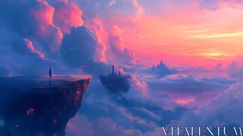 Solitary wanderer gazes toward luminous sky kingdom at dusk.