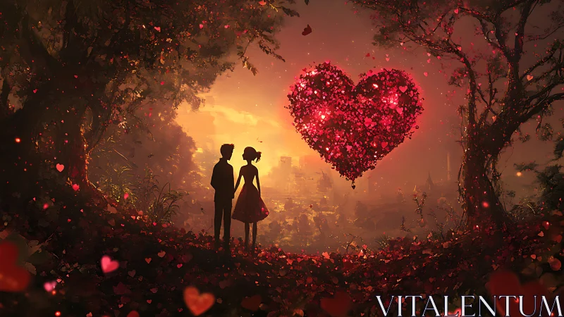 Silhouetted Couple with Glowing Heart Formation in Luminous Forest.