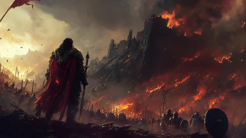 Armored warlord before burning fortress under storm skies