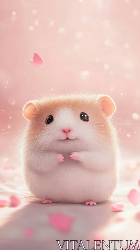 Fluffy baby hamster glows softly amid drifting pink petals