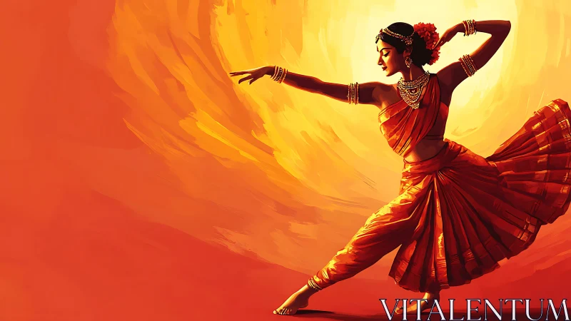 Classical Indian dancer in radiant orange digital artwork.