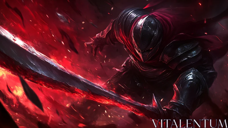 Armored dark warrior with greatsword in red energy field.