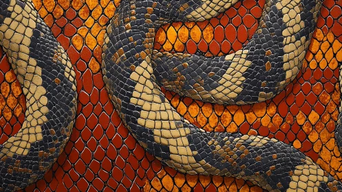 Coiled snake body intersects metal mesh over textured background