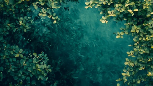 Aerial Aquatic Perspective: Layered Foliage Over Reflective Water.