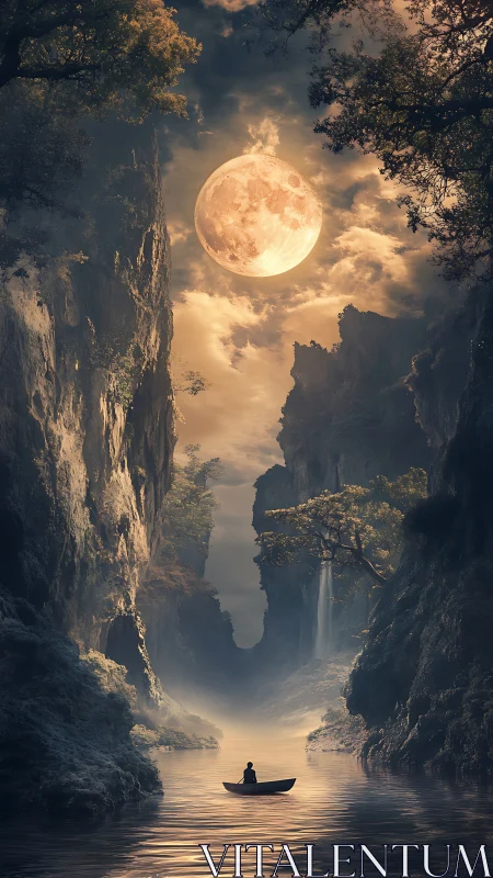 Moonlit canyon journey with a lone boat on glowing water.