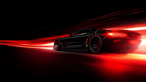 Black sports car with red light trails on dark roadway.