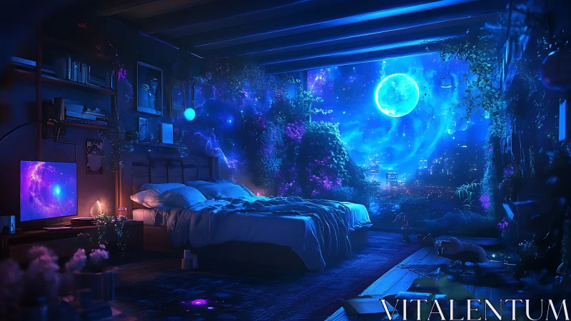 Luminous bedroom opens toward cosmic night cityscape portal